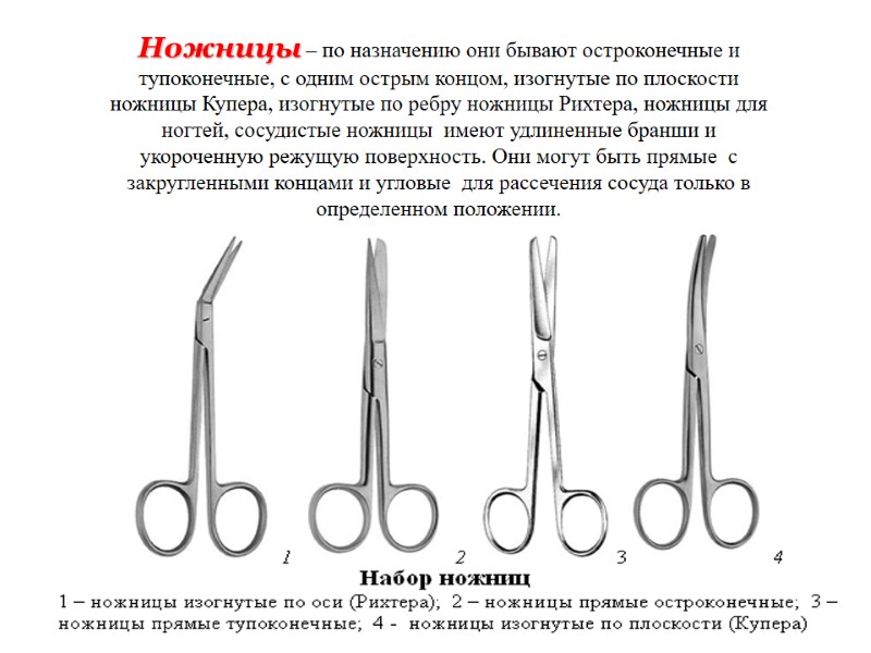 Ножницы – по назначению они бывают остроконечные и тупоконечные, с одним острым концом, изогнутые
